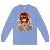 Colony Blue Red Hair Believe Praying Caucasian Messy Bun Long Sleeve Tee - texasbilliewilder
