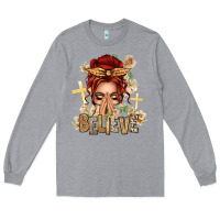 Heather Grey Red Hair Believe Praying Caucasian Messy Bun Long Sleeve Tee - texasbilliewilder