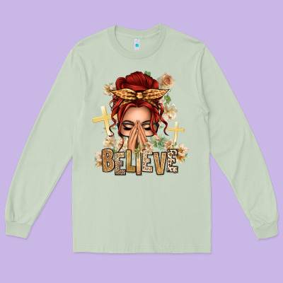 Red Hair Believe Praying Caucasian Messy Bun Long Sleeve Tee Designed By Texasbilliewilder