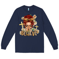 Navy Red Hair Believe Praying Caucasian Messy Bun Long Sleeve Tee - texasbilliewilder