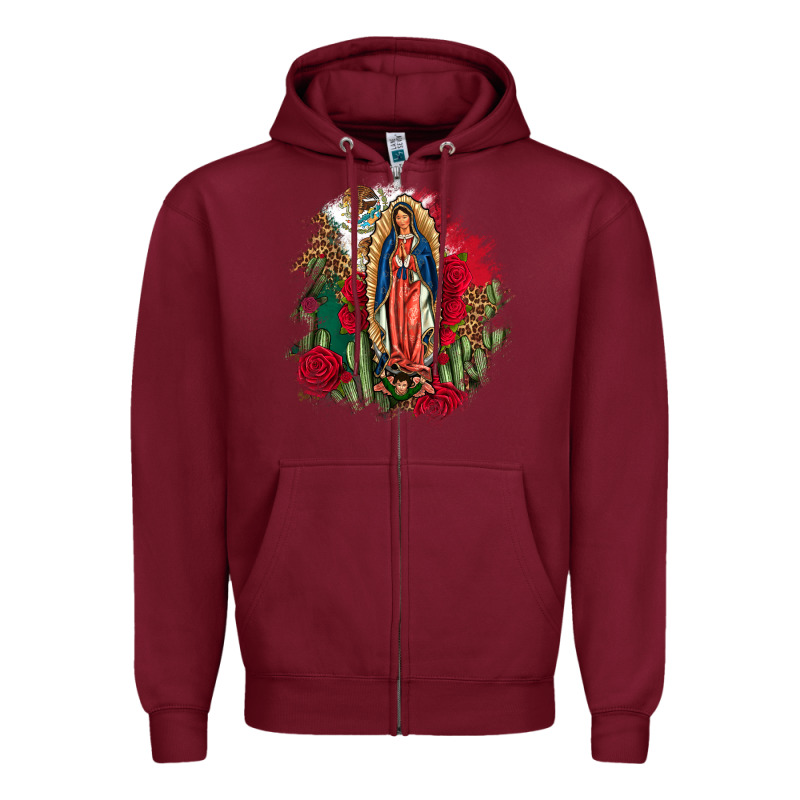 Our Lady Of Guadalupe Mexican Flag Cactus Roses Zipper Hoodie by FaDigitalArtStudio | Teevron