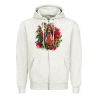 Oatmeal Heather Our Lady Of Guadalupe Mexican Flag Cactus Roses Zipper Hoodie - FaDigitalArtStudio