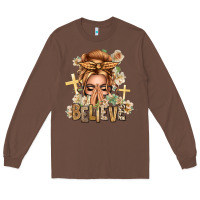 Chestnut Blonde Hair Believe Praying Caucasian Messy Bun Long Sleeve Tee - texasbilliewilder
