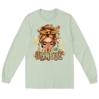 Matcha Blonde Hair Believe Praying Caucasian Messy Bun Long Sleeve Tee - texasbilliewilder