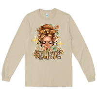 Blonde Hair Believe Praying Caucasian Messy Bun Long Sleeve Tee | Teevron