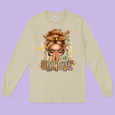 Blonde Hair Believe Praying Caucasian Messy Bun Long Sleeve Tee Designed By Texasbilliewilder