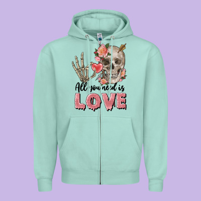 Skull All You Need Is Love Zipper Hoodie Designed By Fadigitalartstudio