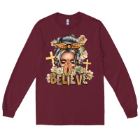 Burgundy Silver White Believe Praying Caucasian Messy Bun Long Sleeve Tee - texasbilliewilder