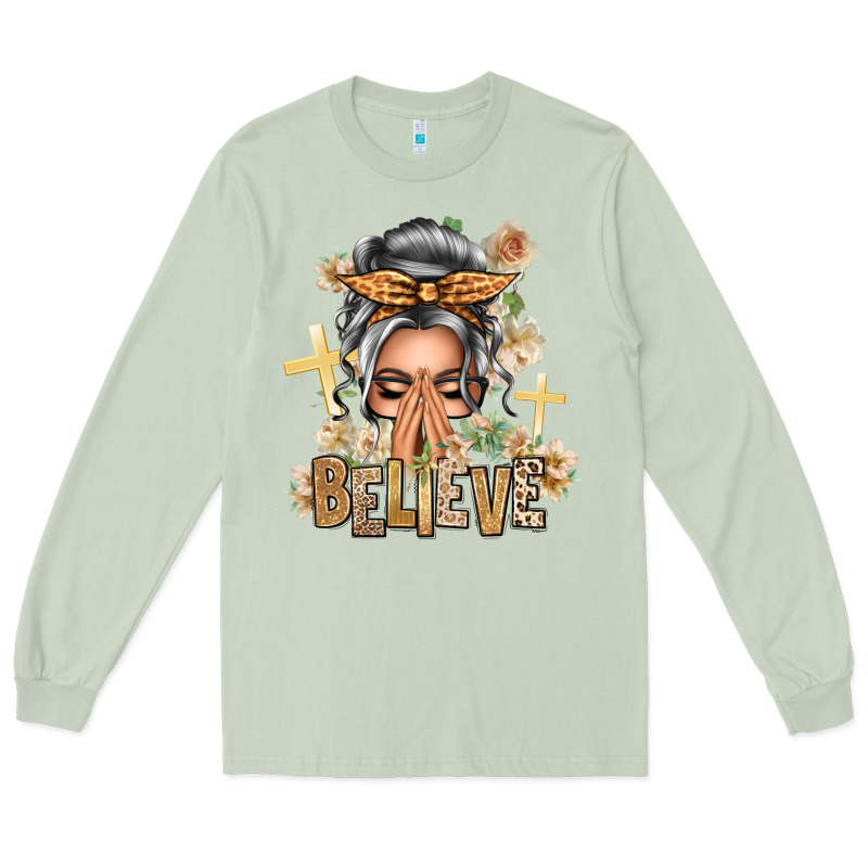 Silver White Believe Praying Caucasian Messy Bun Long Sleeve Tee by texasbilliewilder | Teevron
