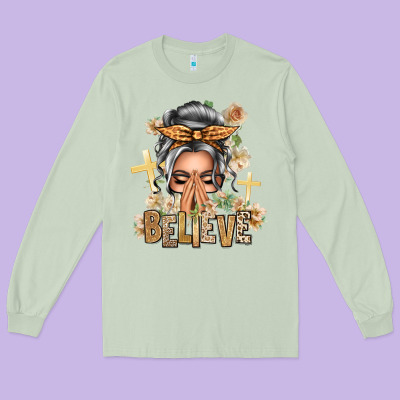 Silver White Believe Praying Caucasian Messy Bun Long Sleeve Tee Designed By Texasbilliewilder