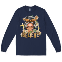 Navy Silver White Believe Praying Caucasian Messy Bun Long Sleeve Tee - texasbilliewilder