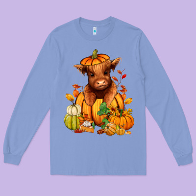 Fall Autumn Heifer Pumpkin Long Sleeve Tee Designed By Ranaportraitstore