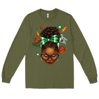 Army Green Afro Messy Bun Basketball Green Bow Long Sleeve Tee - texasbilliewilder