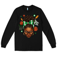 Black Afro Messy Bun Basketball Green Bow Long Sleeve Tee - texasbilliewilder