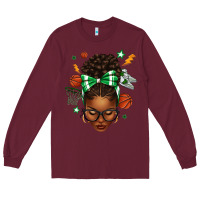 Burgundy Afro Messy Bun Basketball Green Bow Long Sleeve Tee - texasbilliewilder