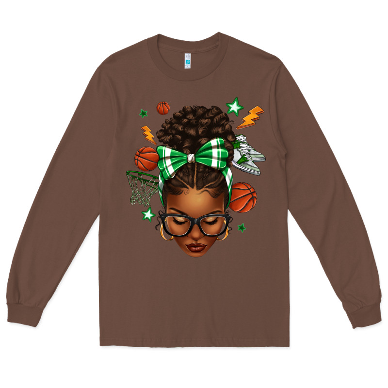 Afro Messy Bun Basketball Green Bow Long Sleeve Tee by texasbilliewilder | Teevron