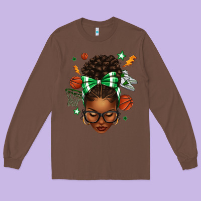 Afro Messy Bun Basketball Green Bow Long Sleeve Tee Designed By Texasbilliewilder