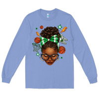 Colony Blue Afro Messy Bun Basketball Green Bow Long Sleeve Tee - texasbilliewilder