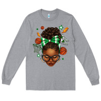 Heather Grey Afro Messy Bun Basketball Green Bow Long Sleeve Tee - texasbilliewilder