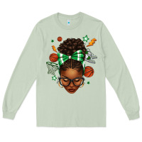 Matcha Afro Messy Bun Basketball Green Bow Long Sleeve Tee - texasbilliewilder