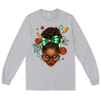 Moon Dust Afro Messy Bun Basketball Green Bow Long Sleeve Tee - texasbilliewilder