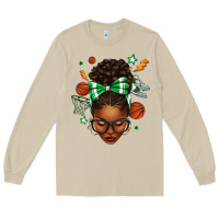 Mushroom Afro Messy Bun Basketball Green Bow Long Sleeve Tee - texasbilliewilder