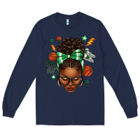 Navy Afro Messy Bun Basketball Green Bow Long Sleeve Tee - texasbilliewilder