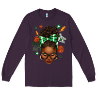Plum Afro Messy Bun Basketball Green Bow Long Sleeve Tee - texasbilliewilder