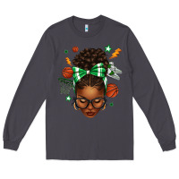 Smoke Afro Messy Bun Basketball Green Bow Long Sleeve Tee - texasbilliewilder