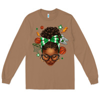 Toasted Coconut Afro Messy Bun Basketball Green Bow Long Sleeve Tee - texasbilliewilder