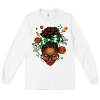 White Afro Messy Bun Basketball Green Bow Long Sleeve Tee - texasbilliewilder
