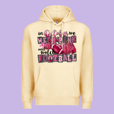 In October We Wear Pink And Watch Football Premium Hoodie Designed By Fadigitalartstudio