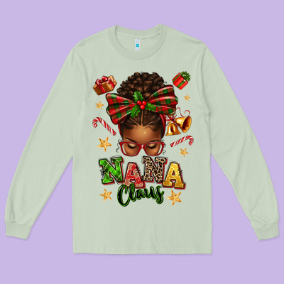 Nana Claus Afro Messy Bun Long Sleeve Tee Designed By Texasbilliewilder