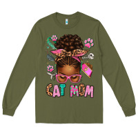 Army Green Afro Messy Bun Cat Mom Long Sleeve Tee - texasbilliewilder