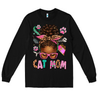 Black Afro Messy Bun Cat Mom Long Sleeve Tee - texasbilliewilder