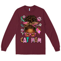 Burgundy Afro Messy Bun Cat Mom Long Sleeve Tee - texasbilliewilder