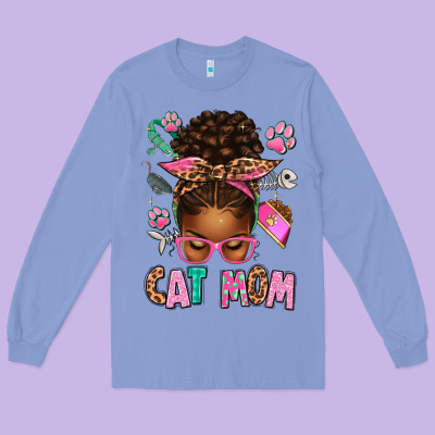 Afro Messy Bun Cat Mom Long Sleeve Tee Designed By Texasbilliewilder