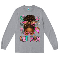 Heather Grey Afro Messy Bun Cat Mom Long Sleeve Tee - texasbilliewilder