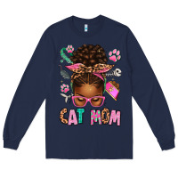 Navy Afro Messy Bun Cat Mom Long Sleeve Tee - texasbilliewilder
