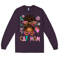 Plum Afro Messy Bun Cat Mom Long Sleeve Tee - texasbilliewilder