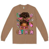 Toasted Coconut Afro Messy Bun Cat Mom Long Sleeve Tee - texasbilliewilder
