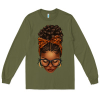 Army Green afro messy bun orange leopard bow Long Sleeve Tee - texasbilliewilder