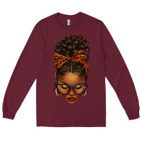 Burgundy afro messy bun orange leopard bow Long Sleeve Tee - texasbilliewilder