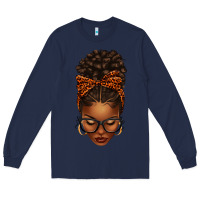 Navy afro messy bun orange leopard bow Long Sleeve Tee - texasbilliewilder