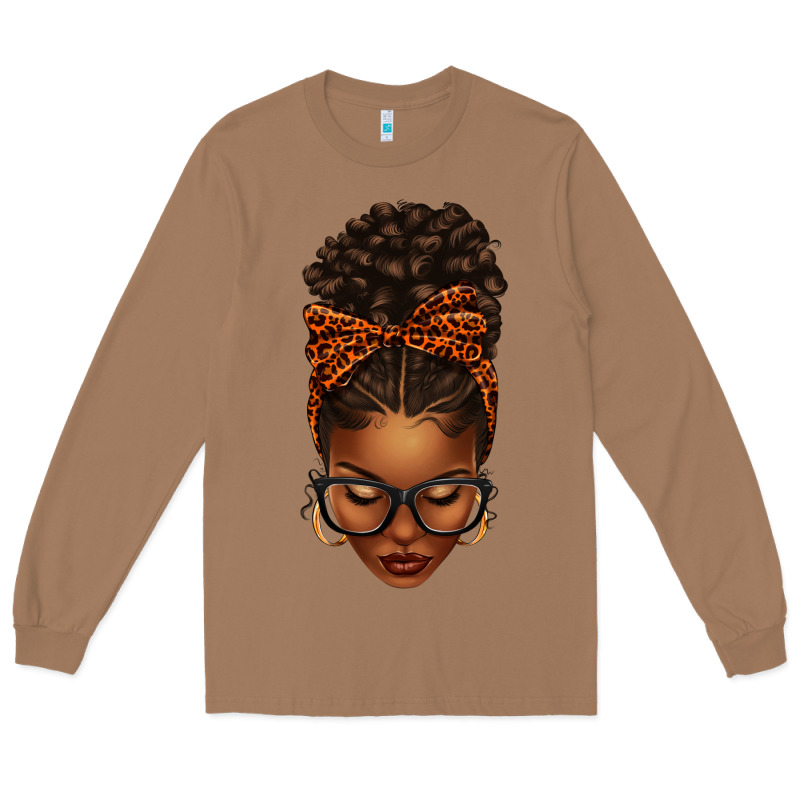 Afro Messy Bun Orange Leopard Bow Long Sleeve Tee by texasbilliewilder | Teevron