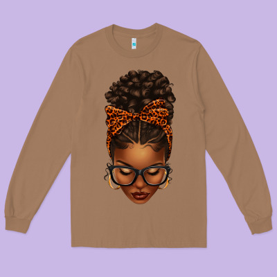 Afro Messy Bun Orange Leopard Bow Long Sleeve Tee Designed By Texasbilliewilder