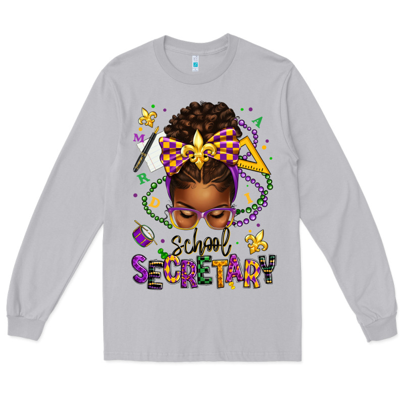Mardi Gras School Secretary Afro Messy Bun Long Sleeve Tee by texasbilliewilder | Teevron