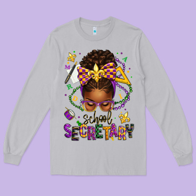 Mardi Gras School Secretary Afro Messy Bun Long Sleeve Tee Designed By Texasbilliewilder