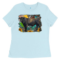 Baby Blue black angus bull with aztec and farm background Ladies Tee - RanaPortraitStore