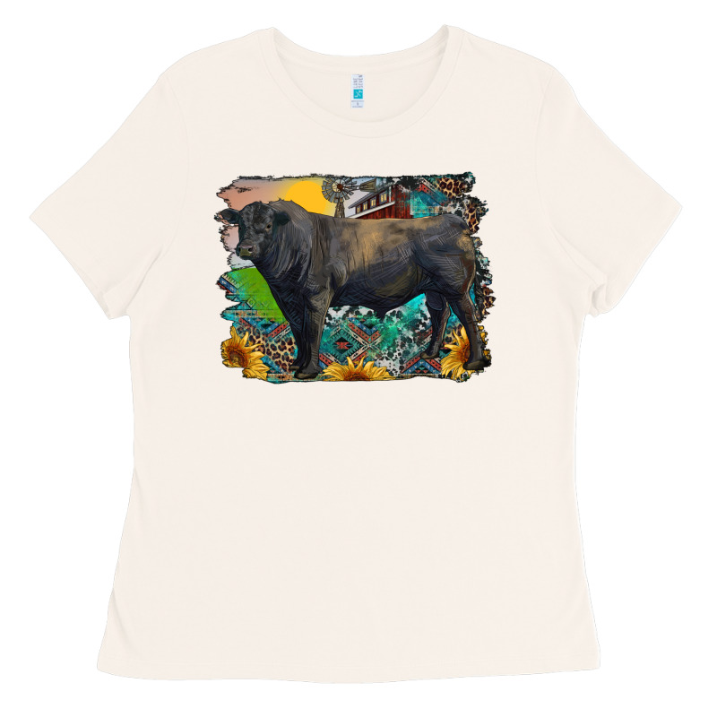 Black Angus Bull With Aztec And Farm Background Ladies Tee by RanaPortraitStore | Teevron